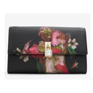 Ted Baker Cyra Clutch Evening Bag, Black with Floral Design & Chain strap